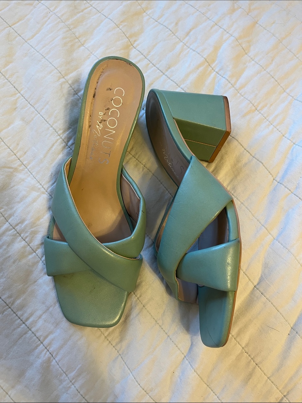Coconuts by Matisse sage green block heel sandles mules
